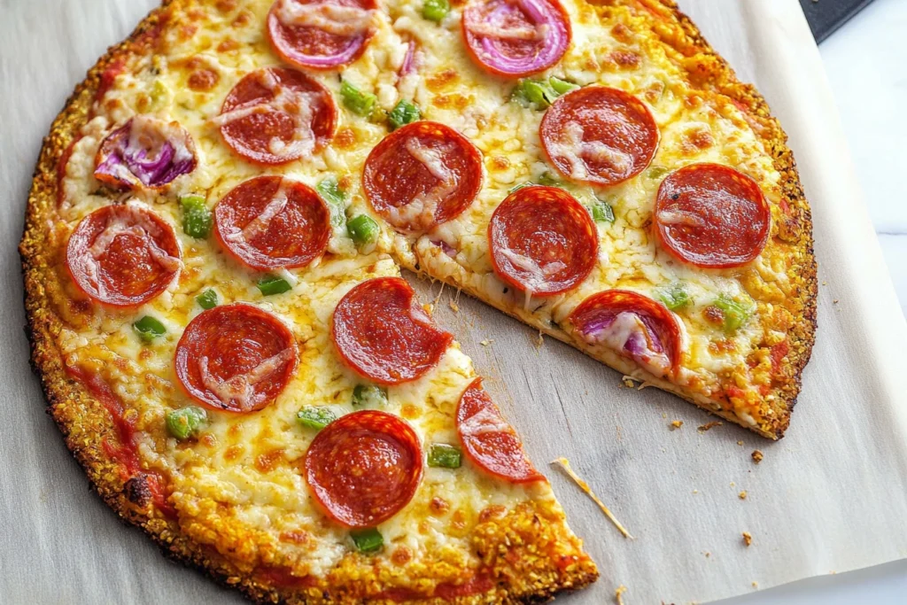 Freshly baked cauliflower crust pizza topped with colorful vegetables and melted cheese.