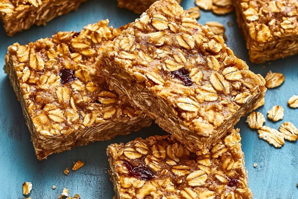 Step-by-step process of making oatmeal breakfast bars, from mixing ingredients to baking.