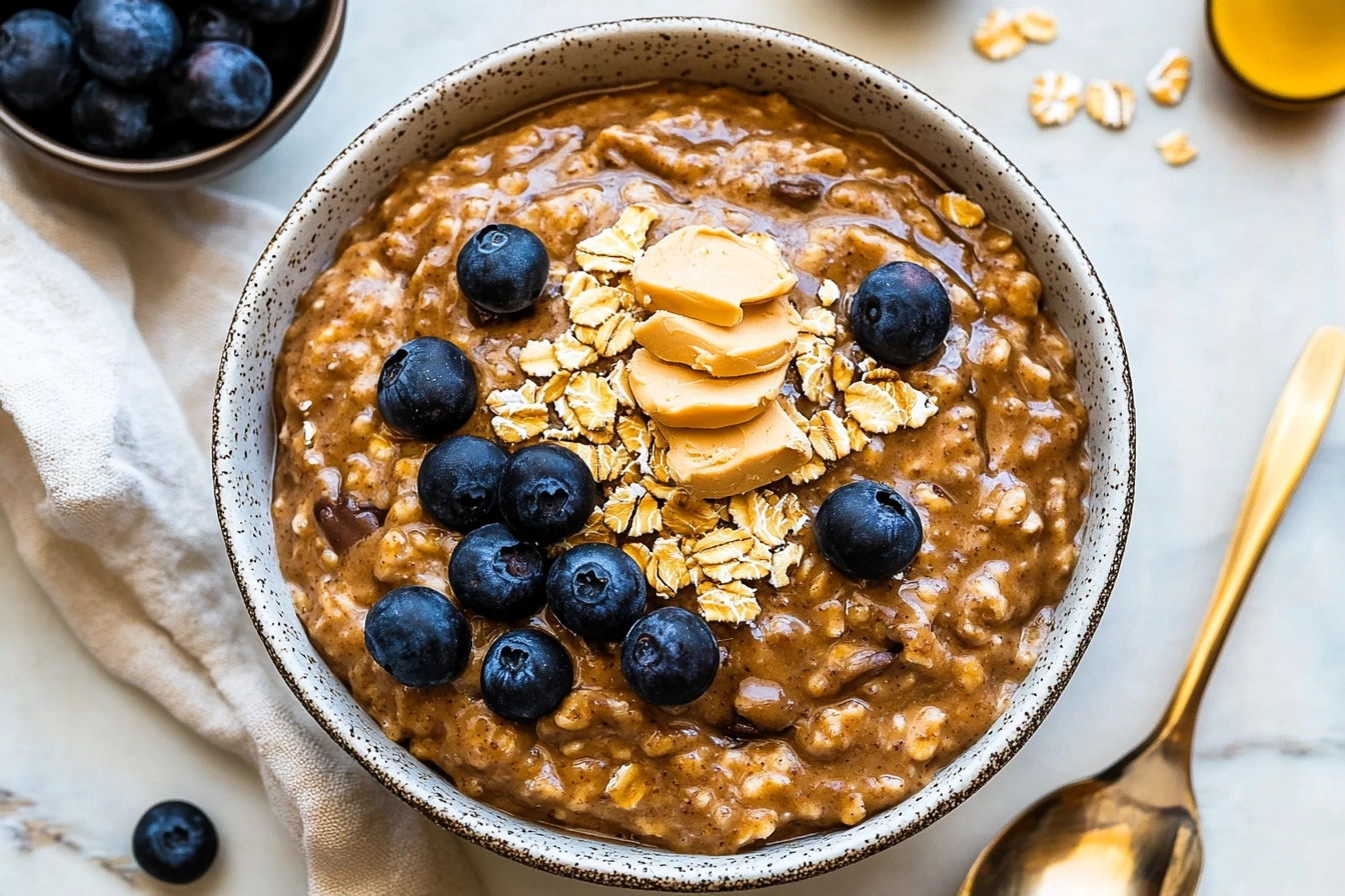 Peanut butter oatmeal topped with sliced bananas and honey in a bowl, perfect for a nutritious breakfast.