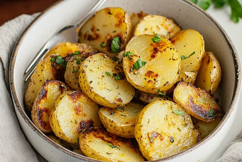 Southern-style smothered potatoes with a golden crust.