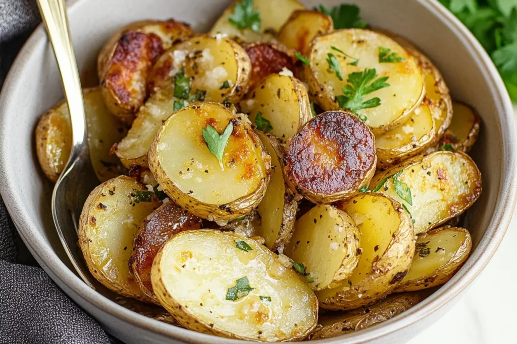 Classic smothered potatoes in a cast-iron skillet with onions and garlic.