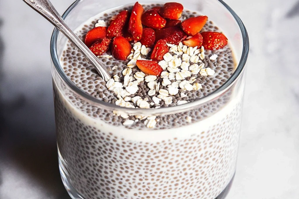 Vanilla chia pudding topped with fresh berries in a glass jar.