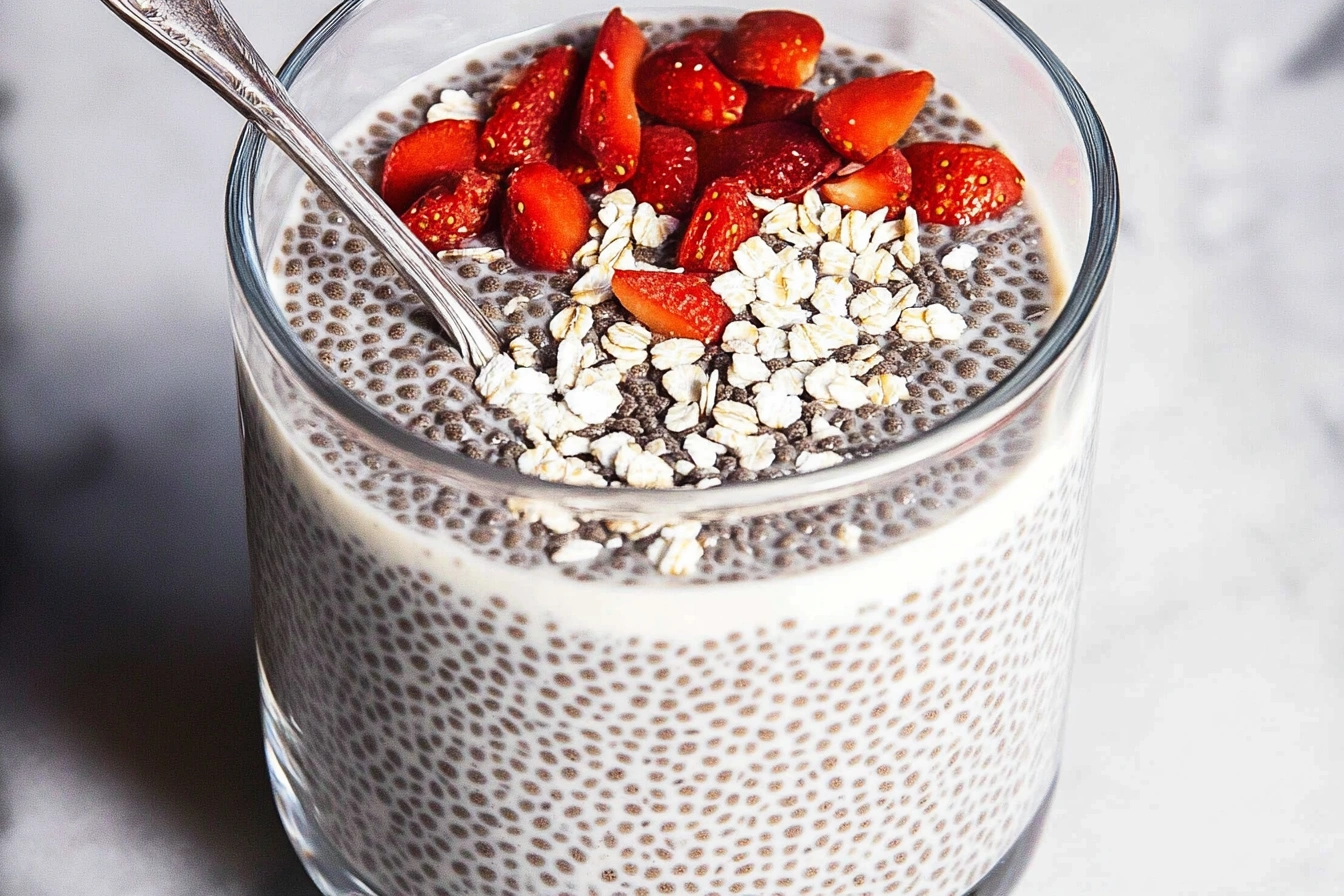Vanilla chia pudding topped with fresh berries in a glass jar.