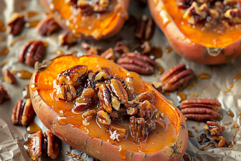 Close-up of twice baked sweet potatoes with sour cream and chives