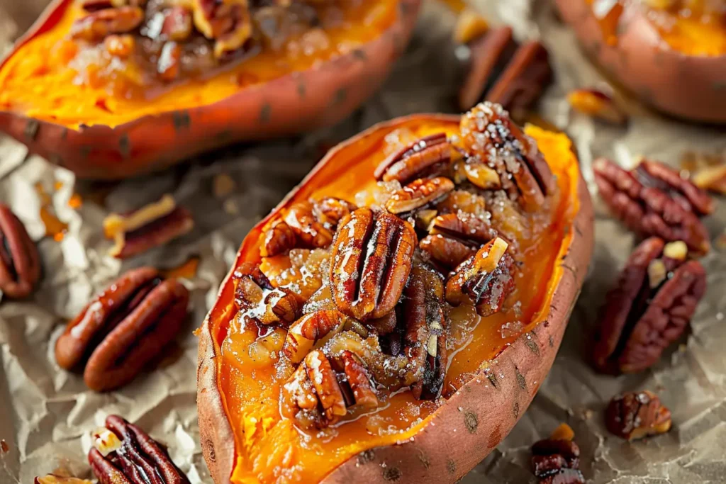 Twice Baked Sweet Potatoes with cinnamon and nutmeg on a baking sheet