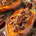 Twice Baked Sweet Potatoes with cinnamon and nutmeg on a baking sheet