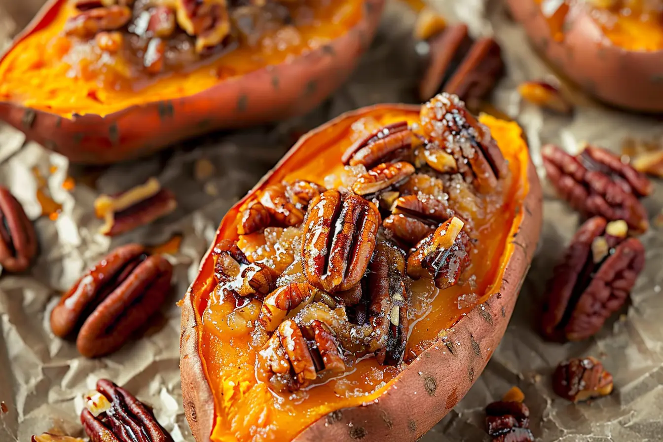 Twice Baked Sweet Potatoes with cinnamon and nutmeg on a baking sheet