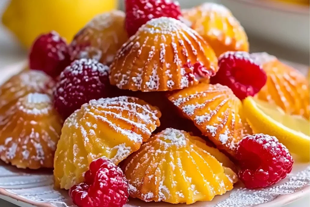 Freshly baked Lemon Raspberry Madeleines with golden edges, dusted with powdered sugar, served on a white plate.