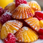 Freshly baked Lemon Raspberry Madeleines with golden edges, dusted with powdered sugar, served on a white plate.