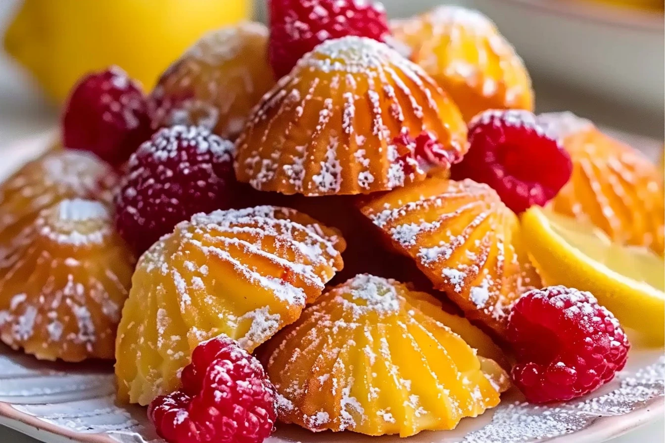 Freshly baked Lemon Raspberry Madeleines with golden edges, dusted with powdered sugar, served on a white plate.