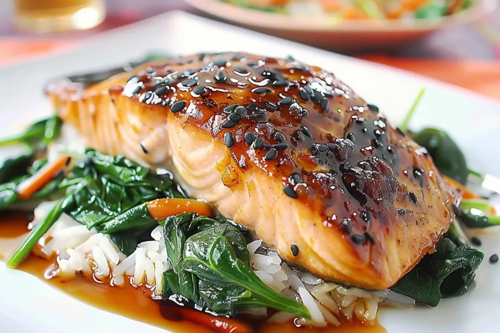 Baked Asian Salmon with Maple Glaze served with wilted spinach and rice, garnished with sesame seeds.