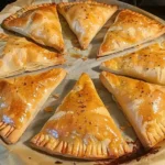 Freshly baked beef and cheese empanadas with golden, flaky crust on a white plate.