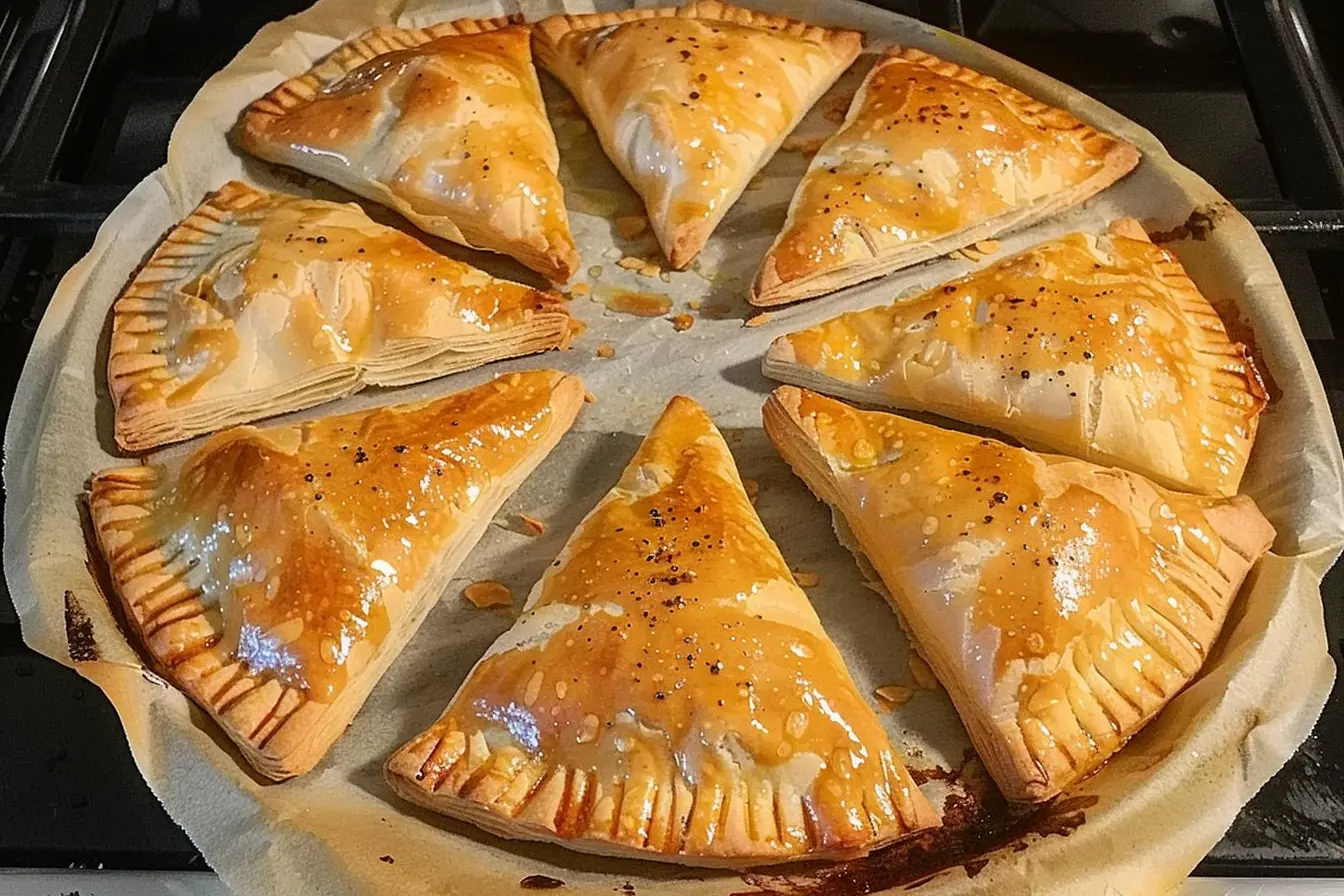 Freshly baked beef and cheese empanadas with golden, flaky crust on a white plate.