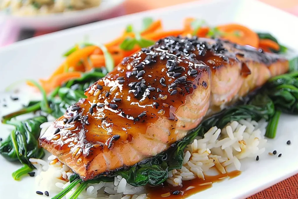 Close-up of Baked Asian Salmon with Maple Glaze, highlighting the glossy glaze and tender texture.