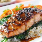 Close-up of Baked Asian Salmon with Maple Glaze, highlighting the glossy glaze and tender texture.