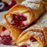 Crispy Air Fryer Cherry Cheesecake Egg Rolls dusted with powdered sugar