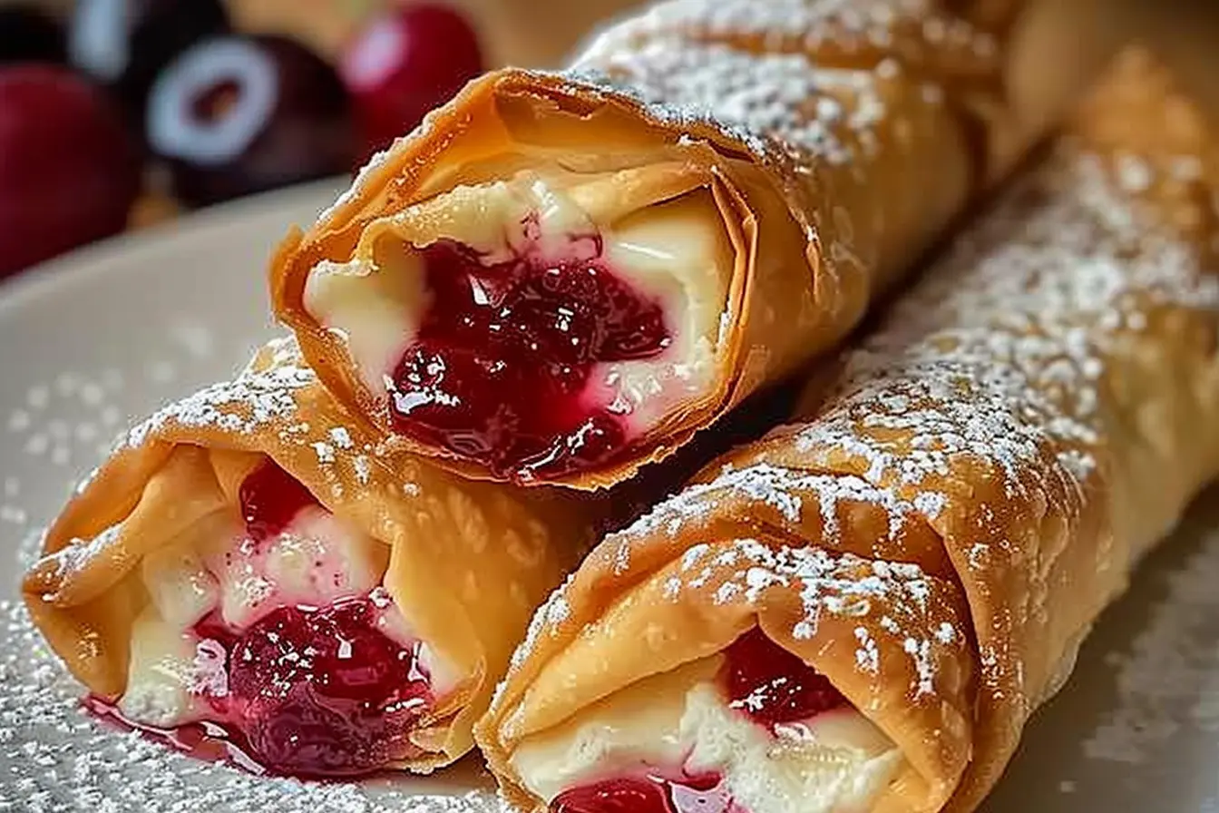 Crispy Air Fryer Cherry Cheesecake Egg Rolls dusted with powdered sugar