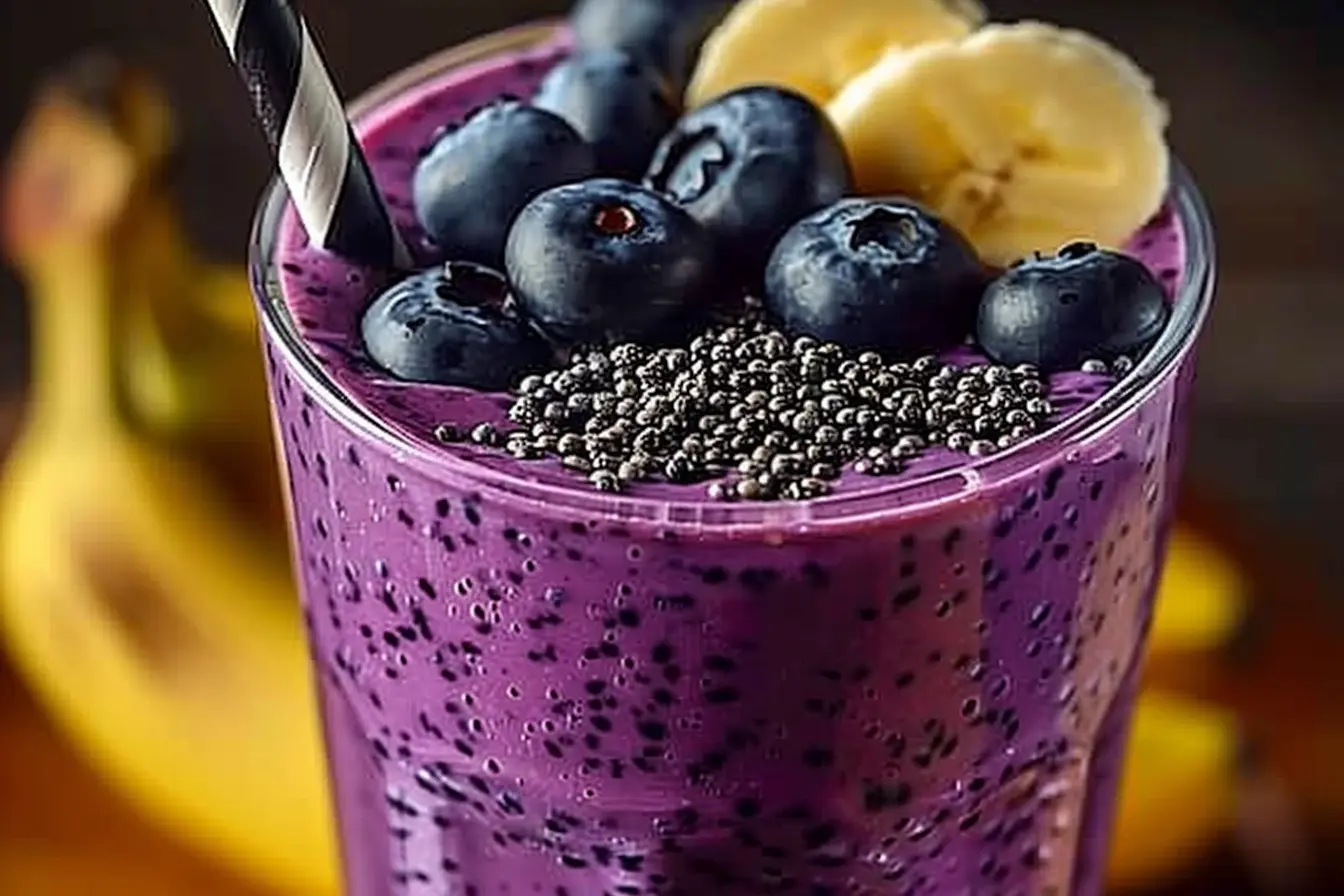 Banana Blueberry Smoothie in a glass, garnished with fruit.
