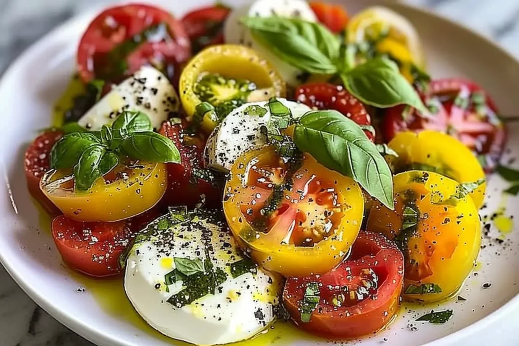 Heirloom Tomato Burrata Caprese Salad on White Plate