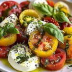 Heirloom Tomato Burrata Caprese Salad on White Plate