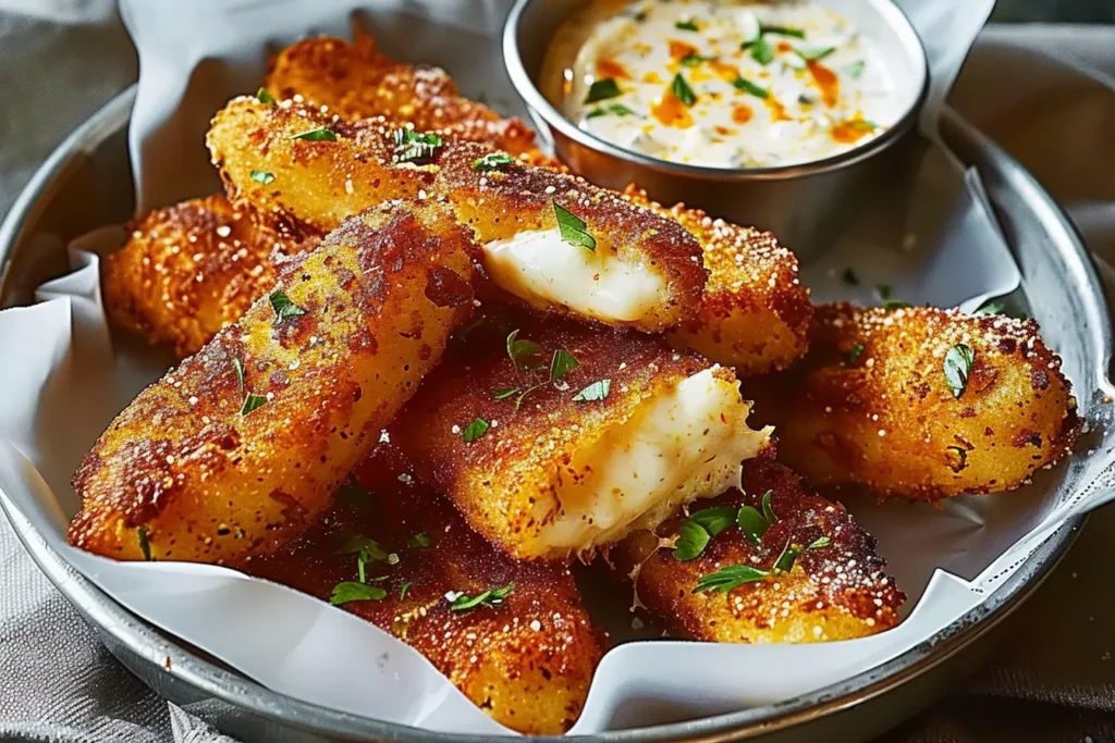 Close-up of gooey, spicy Nashville Hot Mozzarella Sticks with melted cheese.