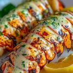 Grilled lobster tail being basted with creamy herb butter.