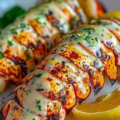 Grilled lobster tail being basted with creamy herb butter.