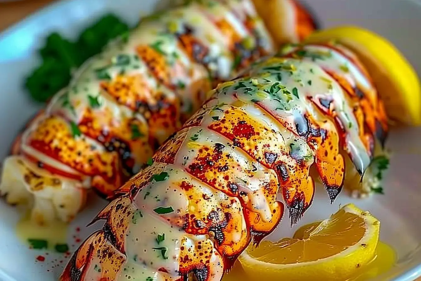 Grilled lobster tail being basted with creamy herb butter.
