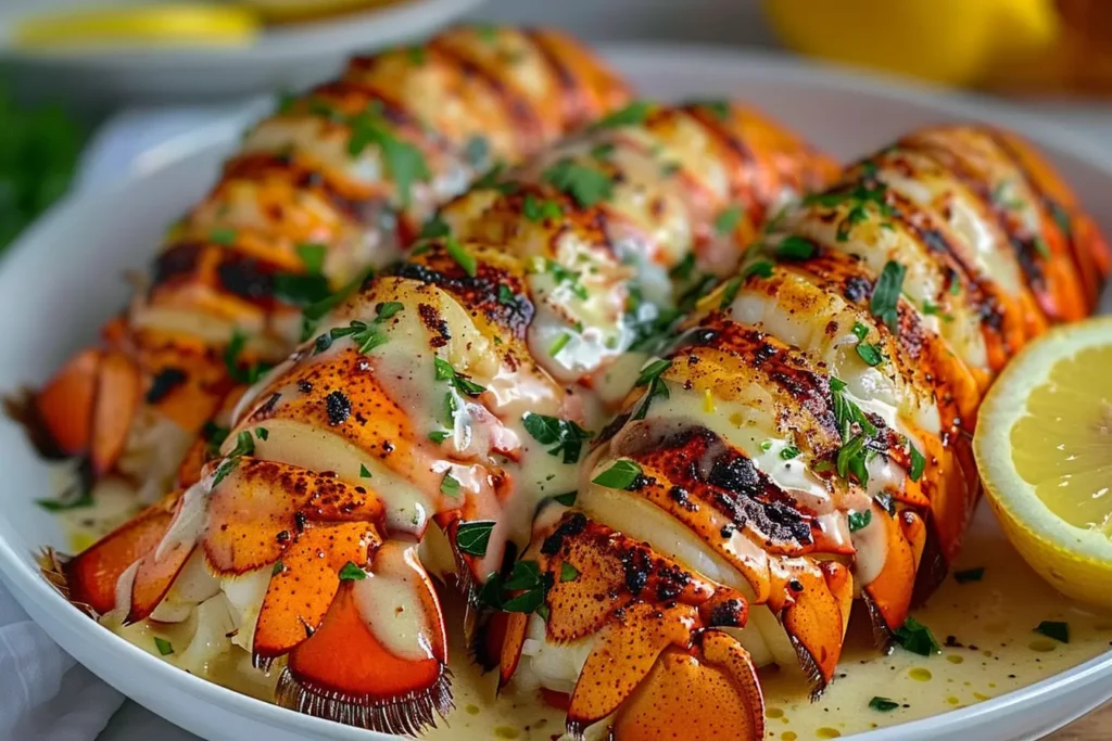 Plated grilled lobster tail with Mediterranean sides.