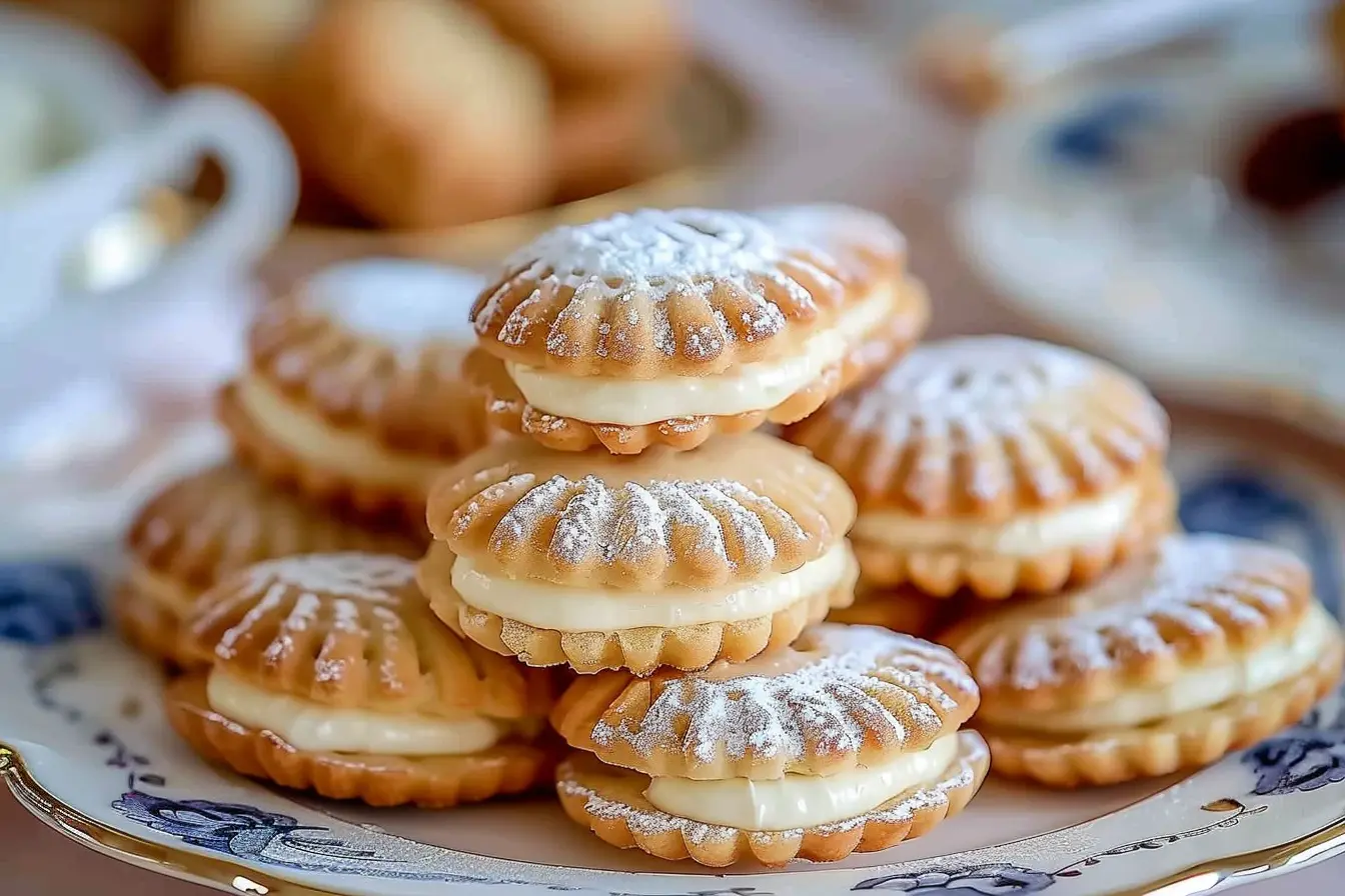 Golden Madeleines dusted with powdered sugar, ready to serve.
