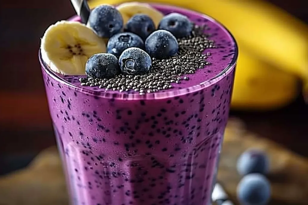 Adding ingredients to blender for Banana Blueberry Smoothie.
