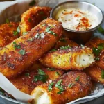 Crispy Nashville Hot Mozzarella Sticks served on a platter with dipping sauces.