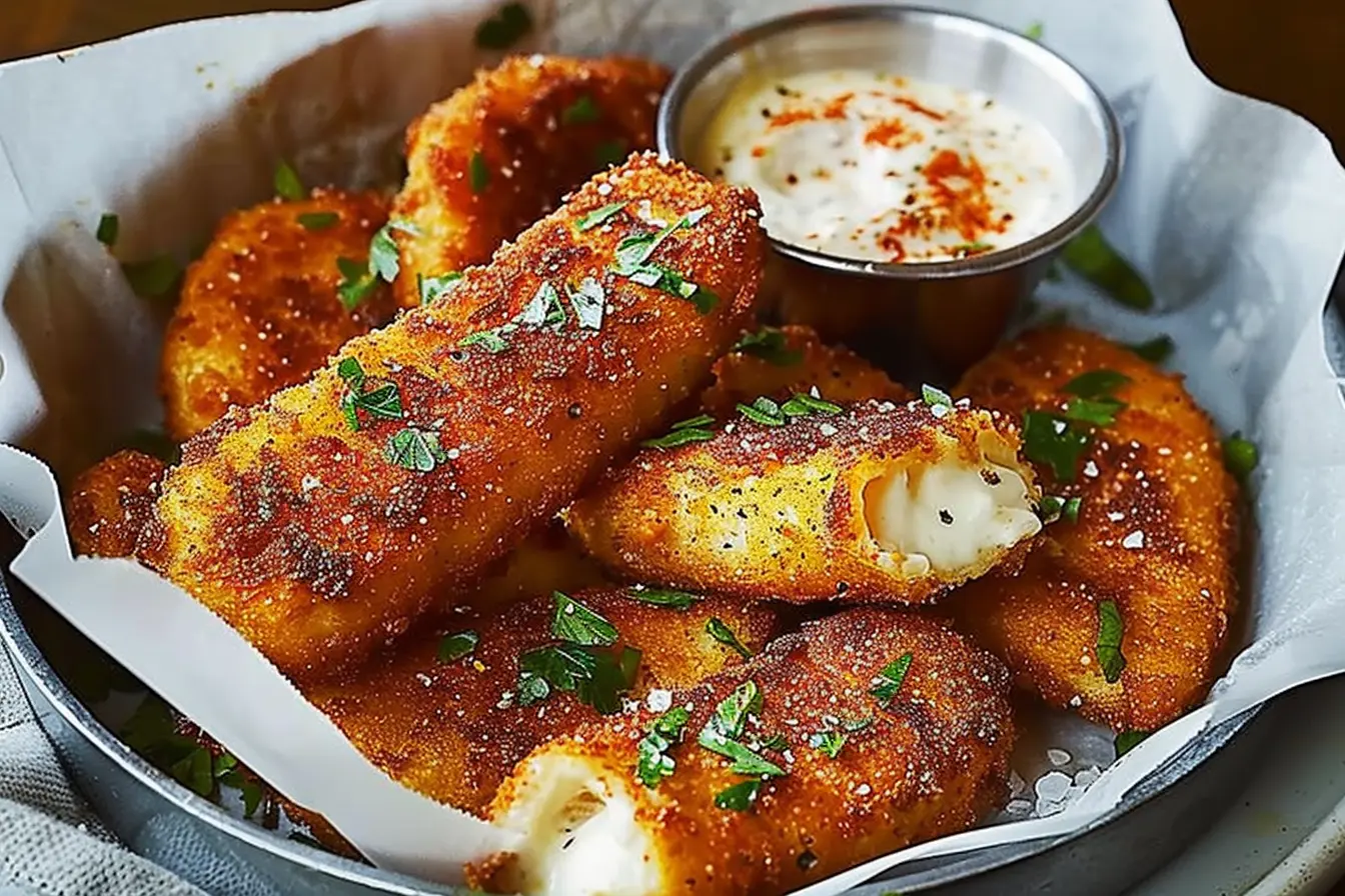 Crispy Nashville Hot Mozzarella Sticks served on a platter with dipping sauces.