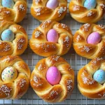 Golden-brown braided Italian Easter bread with colorful dyed eggs nestled in the dough, placed on a festive table