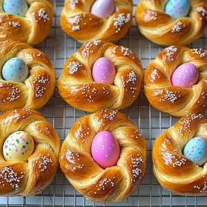 Golden-brown braided Italian Easter bread with colorful dyed eggs nestled in the dough, placed on a festive table