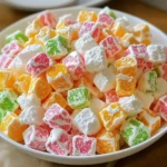 A large bowl filled with fluffy Easter fruit salad made with marshmallows, pineapple, oranges, and coconut