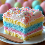 A pastel-colored poke cake topped with whipped cream and Easter-themed sprinkles