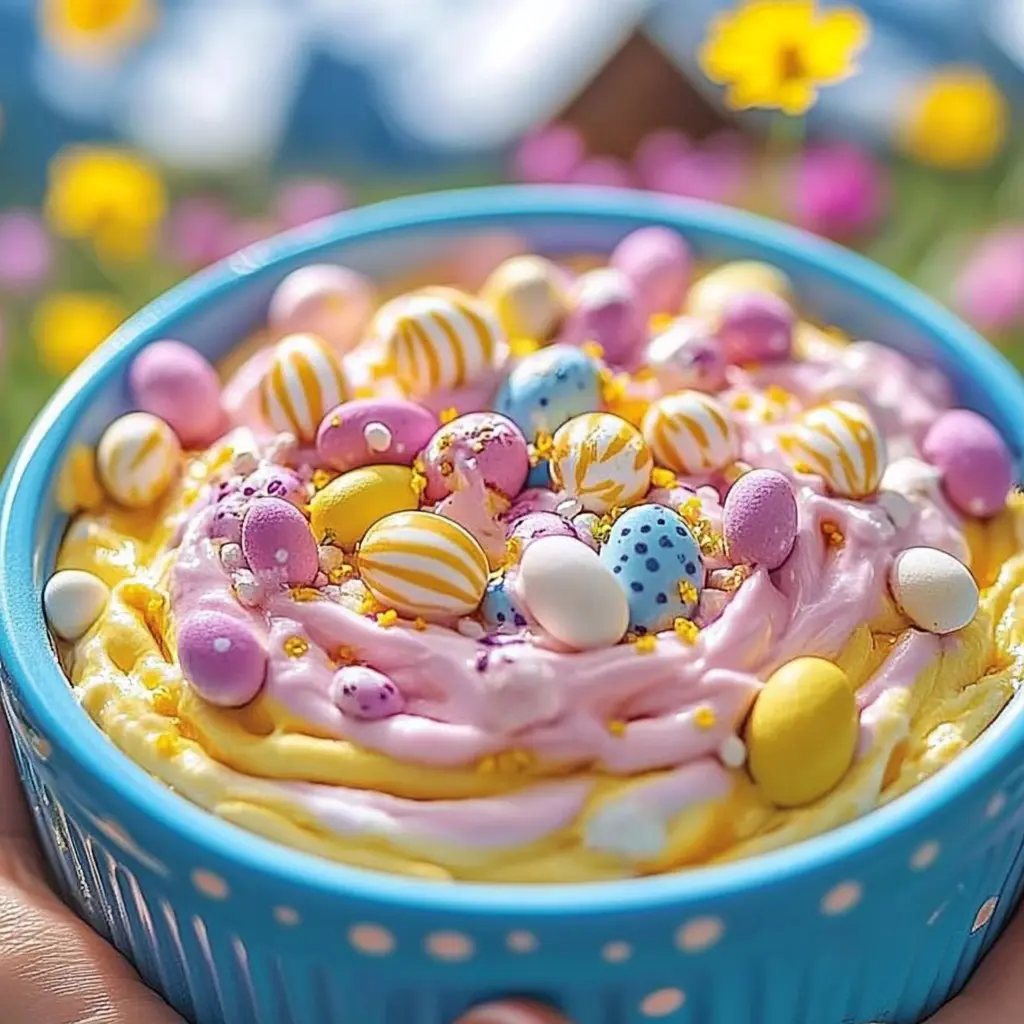Cream cheese, marshmallow fluff, whipped topping, food coloring, and Easter candies arranged for making a festive dip