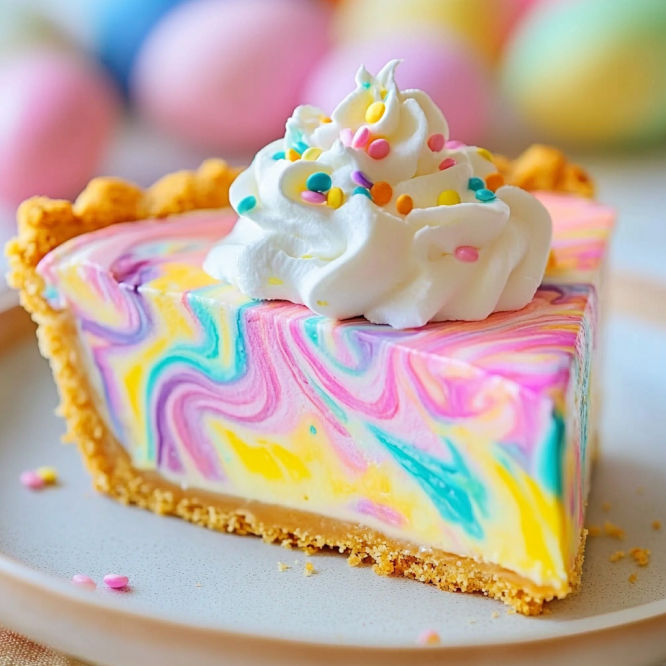 Colorful pastel Easter swirl pie in a graham cracker crust, chilled and ready to serve