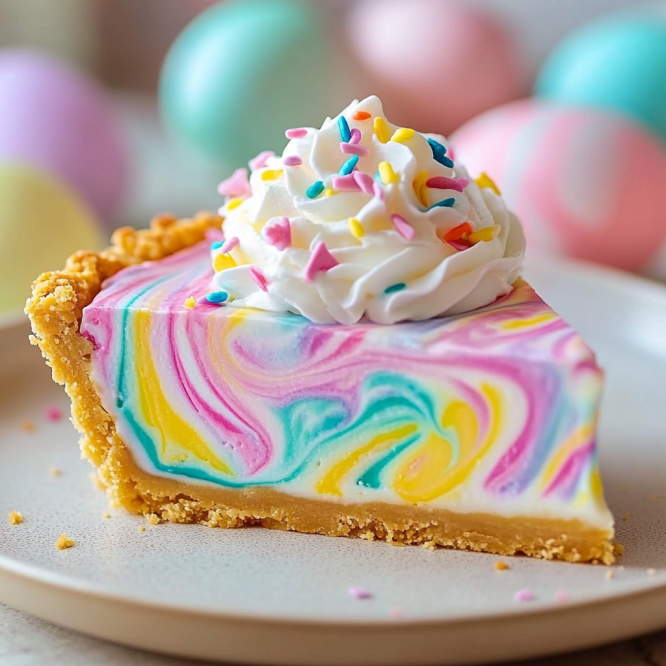 A slice of Easter swirl pie on a white plate showing colorful pastel layers