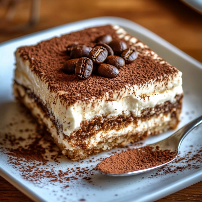 Close-up of a creamy slice of traditional Italian tiramisu without alcohol on a white plate