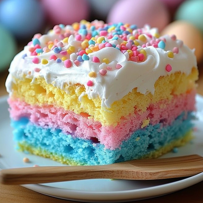 Cake batter swirled with pink and blue colors in a baking pan, ready for the oven