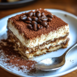 Traditional Italian tiramisu without alcohol topped with cocoa powder in a glass dish