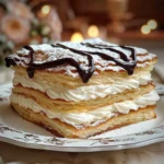 Cream Puff Cake with chocolate drizzle and powdered sugar served on a white plate