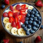 Layered Red, White and Blue Cheesecake Salad served in a glass, featuring vibrant strawberries, blueberries, raspberries, and creamy cheesecake filling, garnished with fresh mint.