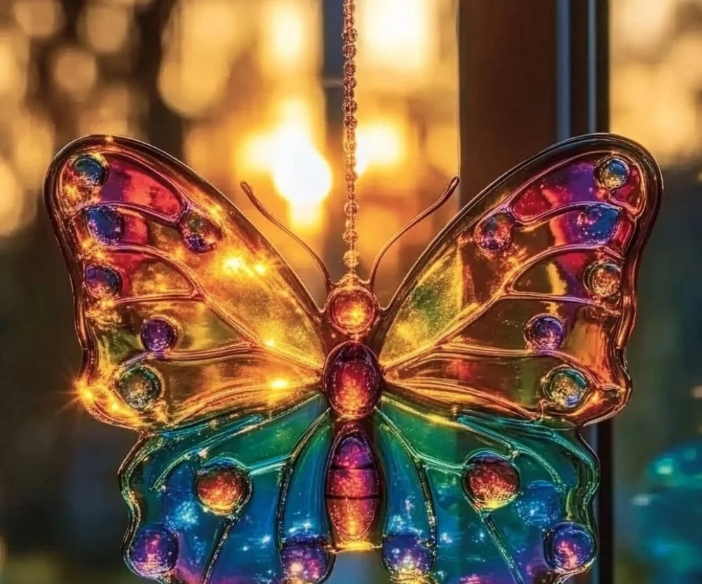 Colorful butterfly suncatchers creating colorful reflections in sunlight.