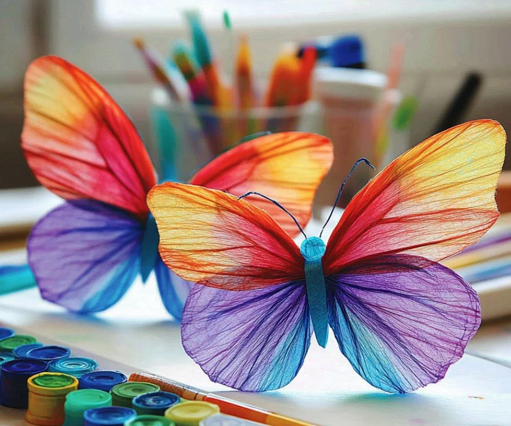 Chromatography coffee filter butterflies showcasing vibrant colors and patterns.