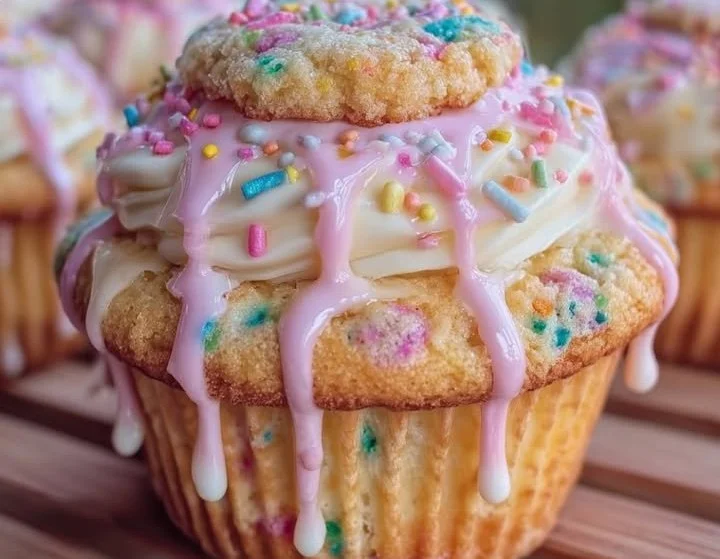 Close-up of Confetti Cookie Drip Cupcakes with colorful sprinkles and chocolate drizzle
