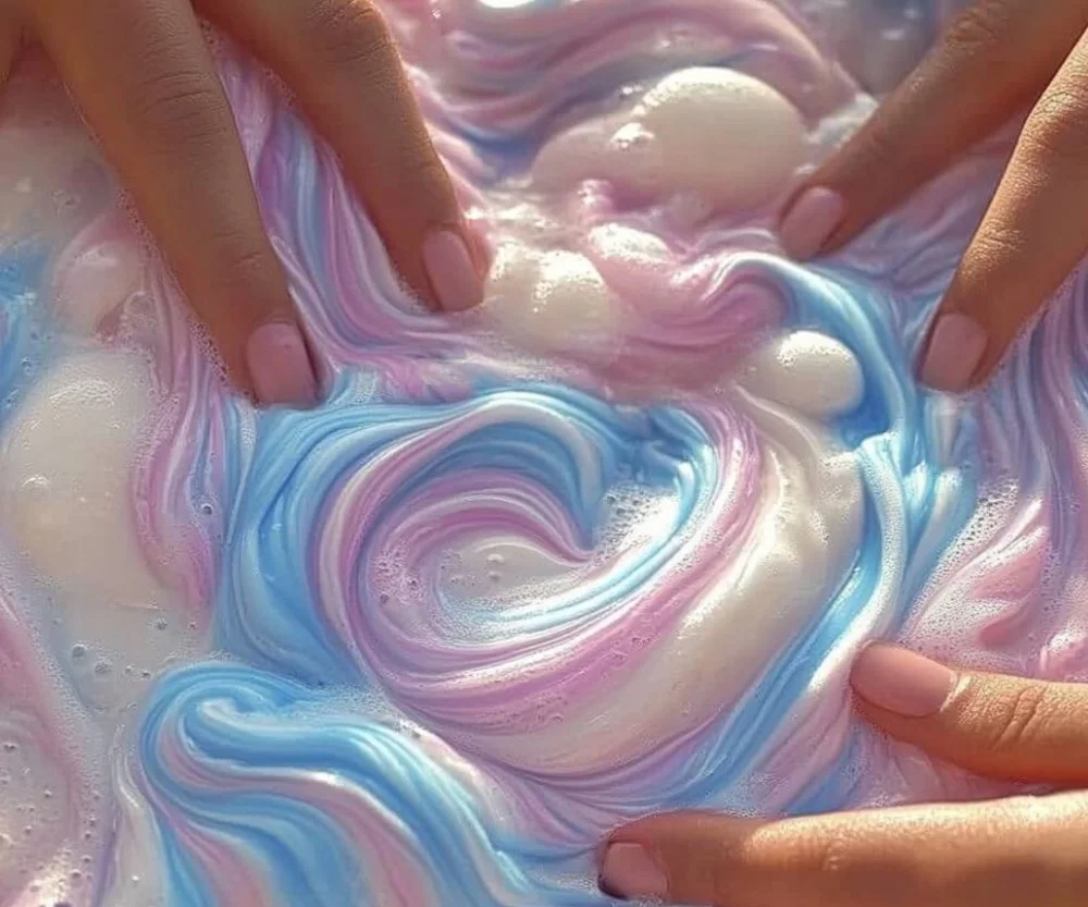 Colorful cornstarch and dish soap bubble dough for kids' playtime activities.