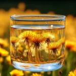 Cup of homemade dandelion tea with fresh dandelion leaves and flowers